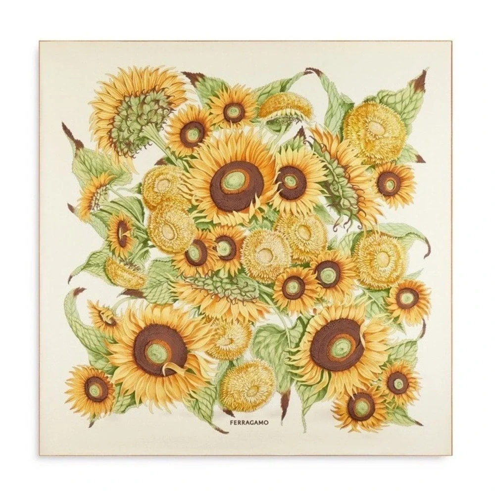 Ferragamo Womens Sunflower Silk Scarf OS Ivory/Yellow Square Foulard Italy NWT